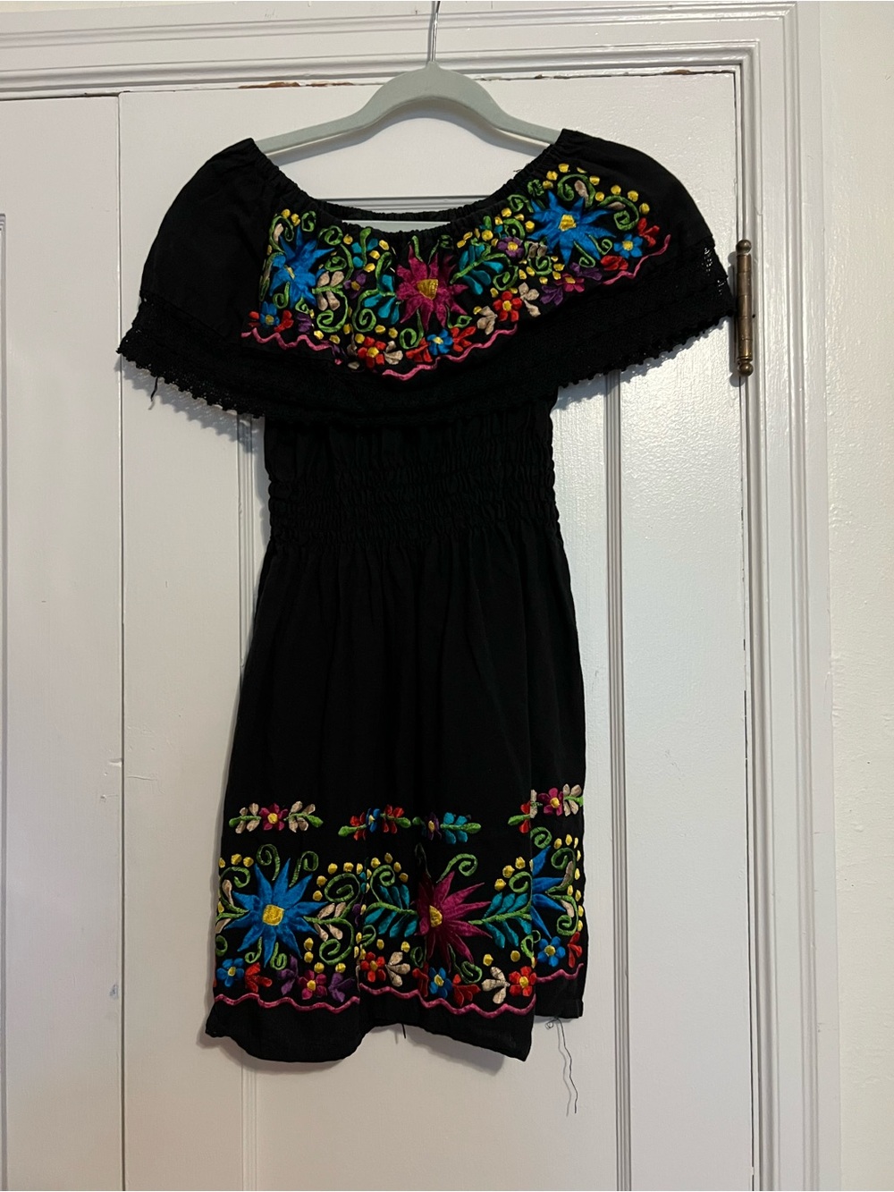 Mexican Black Off-Shoulder Dress with Colorful Floral Embroidery